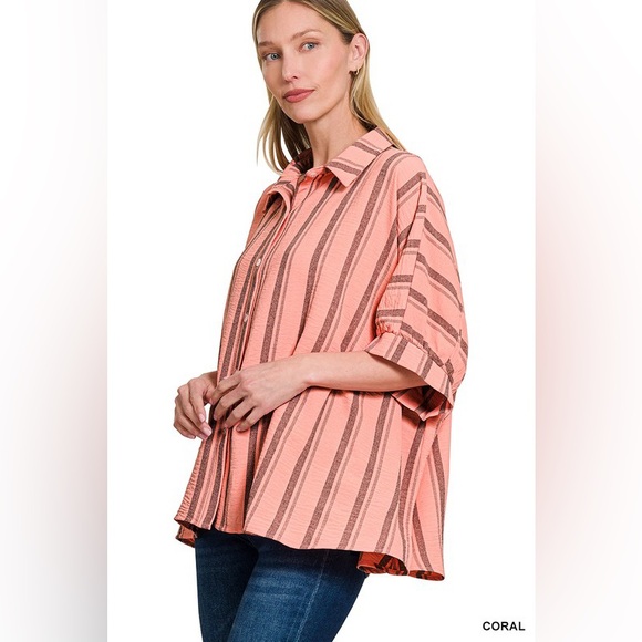 Zenana Woven Yarn-Dye Stripe Oversized Button Down Shirt - Picture 2 of 3